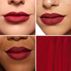 Collage showcasing a deep red lipstick in three different models, highlighting color variations on diverse skin tones with a close-up of the product