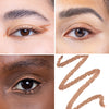 Collage showcasing a bronze eye liner in three different models, highlighting color variations on diverse skin tones with a swatch of the product