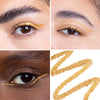 Collage showcasing a gold eye liner in three different models, highlighting color variations on diverse skin tones with a swatch of the product