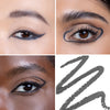 Collage showcasing a dark grey eye liner in three different models, highlighting color variations on diverse skin tones with a swatch of the product