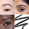 Collage showcasing a black eye liner in three different models, highlighting color variations on diverse skin tones with a swatch of the product