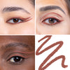 Collage showcasing a red eye liner in three different models, highlighting color variations on diverse skin tones with a swatch of the product