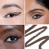 Collage showcasing a brown eye liner in three different models, highlighting color variations on diverse skin tones with a swatch of the product