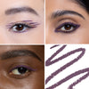 Collage showcasing a violet eye liner in three different models, highlighting color variations on diverse skin tones with a swatch of the product