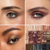 Collage showcasing a multiple earthy eyeshadow looks in three different models, highlighting color variations on diverse skin tones with a close-up of the color pallet