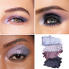 Collage showcasing a range of purple/cool eye shadow shades applied on three different models, highlighting how the colors vary across diverse skin tones, with close-up shots capturing the texture and pigment intensity