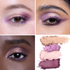 Collage showcasing a range of purple eye shadow shades applied on three different models, highlighting how the colors vary across diverse skin tones, with close-up shots capturing the texture and pigment intensity