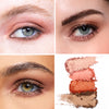 Collage showcasing a range of orange/desert eye shadow shades applied on three different models, highlighting how the colors vary across diverse skin tones, with close-up shots capturing the texture and pigment intensity