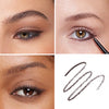 Collage showcasing a brown gel eyeliner in three different models, highlighting color variations on diverse skin tones with a close-up of the product