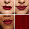 Collage showcasing a dark red lipstick in three different models, highlighting color variations on diverse skin tones with a close-up of the product