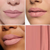 Collage showcasing a light pink lipstick in three different models, highlighting color variations on diverse skin tones with a close-up of the product