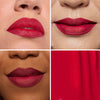 Collage showcasing a bright red lipstick in three different models, highlighting color variations on diverse skin tones with a close-up of the product