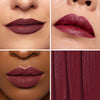 Collage showcasing a wine shade lipstick in three different models, highlighting color variations on diverse skin tones with a close-up of the product
