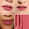 Collage showcasing a berry pink matte lipstick in three different models, highlighting color variations on diverse skin tones with a close-up of the product