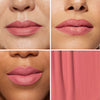 Collage showcasing a pink lipstick in three different models, highlighting color variations on diverse skin tones with a close-up of the product