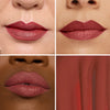 Collage showcasing a soft brown lipstick in three different models, highlighting color variations on diverse skin tones with a close-up of the product