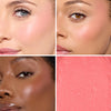 Collage showcasing a pink blush in three different models, highlighting color variations on diverse skin tones with a close-up of its creamy texture