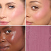 Collage showcasing a purplish blush in three different models, highlighting color variations on diverse skin tones with a close-up of its creamy texture