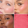 Collage showcasing a rich pink blush in three different models, highlighting color variations on diverse skin tones with a close-up of its creamy texture