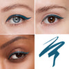 Collage showcasing a blue/green eye liner  applied on three different models, highlighting how the colors vary across diverse skin tones, with a swatch line demonstration