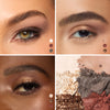 Four-panel collage showing eyeshadow looks on different skin tones plus shade close-up
