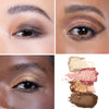 Collage showcasing a range of brown/earthy eye shadow shades applied on three different models, highlighting how the colors vary across diverse skin tones, with close-up shots capturing the texture and pigment intensity