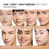 A grid showing seven models with lighter complexions. The shades are listed as: Cream (fair with neutral undertones), Barley (light with cool undertones), Sesame (light with neutral undertones), Ginger (light with warm undertones), Terracotta (light medium cool undertones), Cashew (light medium with neutral undertones), and Honey (light medium with warm undertones). The header reads: "Fair | Light | Light Medium Skin Tones Skin Satin Lineup"