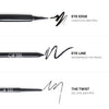 Three types of eyeliner products are shown: a liquid eyeliner pen labeled "Eye Edge," a waterproof eye pencil labeled "Eye Line," and a gel eyeliner pen labeled "The Twist," each with a sample stroke demonstrating its texture.