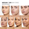 A grid featuring seven models with medium and tan complexions. The medium shades include Almond (medium with warm undertones), Praline (medium with cool undertones), and Coriander (medium with neutral undertones). The tan shades include Amber (tan with cool undertones), Cardamon (tan with medium undertones), Flax (tan with warm undertones), and Tamarind ((tan with  neutral undertones ). The header reads: "Medium | Tan Skin Tones Skin Satin Lineup"