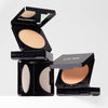 Image of three different shades of compact setting powders with their packaging, arranged across the frame. Some are stacked, with a mix of closed and open compacts.