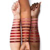 Three arms with different skin tones displaying liquid lipstick swatches labeled: "Blush" "Rose" "Hibiscus" "Fig" "Cranberry" "Chili" "Cherry" "Toffee" and "Brick"