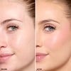Side-by-side comparison showing a full face before and after blush application, highlighting light pink pigmentation and enhanced makeup in the "after" section.