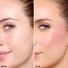 Side-by-side comparison showing a full face before and after blush application, highlighting light purplish pigmentation and enhanced makeup in the "after" section.