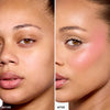 Side-by-side comparison showing a full face before and after blush application, highlighting deep pink pigmentation and enhanced makeup in the "after" section.