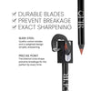 OFIR The Point lip pencil sharpener benefits image. Text reads "Durable Blades, Prevent Breakage, Exact Sharpening. Sleek Steel: Quality carbon blades and a weighted design simplify sharpening. Precise Point: The internal cone shape prevents breakage for the perfect tip every time." 