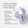 Purple eye gel serum with a dropper bottle, highlighted features include lifting, firming, illuminating, and nourishing effects. Benefits include revitalizing eyes, brightening dark circles, refining skin tone, and a soothing, non-sticky, easy-glide application.