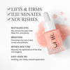 Skincare serum bottle with a pink gel texture. Promotes lifting, firming, illumination, and nourishment. Revitalizes eyes, brightens dark circles, refines skin tone, and offers a soothing, non-sticky application.