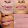 Quad layout displaying three diverse skin tones wearing muted pink lipstick, with a swatch of the lip color highlighting its matte finish and smooth texture.