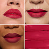 Collage showcasing vibrant red lipstick on three different skin tones, highlighting the rich color and matte texture, accompanied by a swatch demonstrating its smooth application.