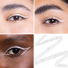 Collage showcasing a white eye liner in three different models, highlighting color variations on diverse skin tones with a swatch of the product