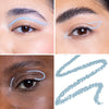 Collage showcasing a blue eye liner in three different models, highlighting color variations on diverse skin tones with a swatch of the product