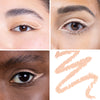 Collage showcasing a nude eye liner in three different models, highlighting color variations on diverse skin tones with a swatch of the product