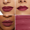 Four-panel collage displaying different skin tones wearing deep berry lipstick, accompanied by a texture swatch demonstrating the smooth, matte finish.