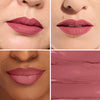 Collage showcasing a matte mauve lipstick applied on diverse skin tones, with a swatch demonstrating the smooth texture and rich color.