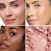 Collage showcasing a rosy pink highlighter/blush in three different models, highlighting color variations on diverse skin tones with a close-up of the product