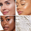 Collage showcasing a pearly white  highlighter/blush in three different models, highlighting color variations on diverse skin tones with a close-up of the product