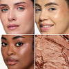 Collage showcasing a warm cooper highlighter/blush in three different models, highlighting color variations on diverse skin tones with a close-up of the product