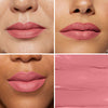 Collage showcasing a matte pink lipstick applied on diverse skin tones, accompanied by a close-up texture swatch.
