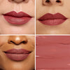 Collage showcasing three different individuals wearing a rich, mauve lipstick shade alongside a swatch displaying its smooth texture and finish.