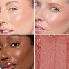 Collage showcasing a brick brown blush in three different models, highlighting color variations on diverse skin tones with a close-up of its creamy texture